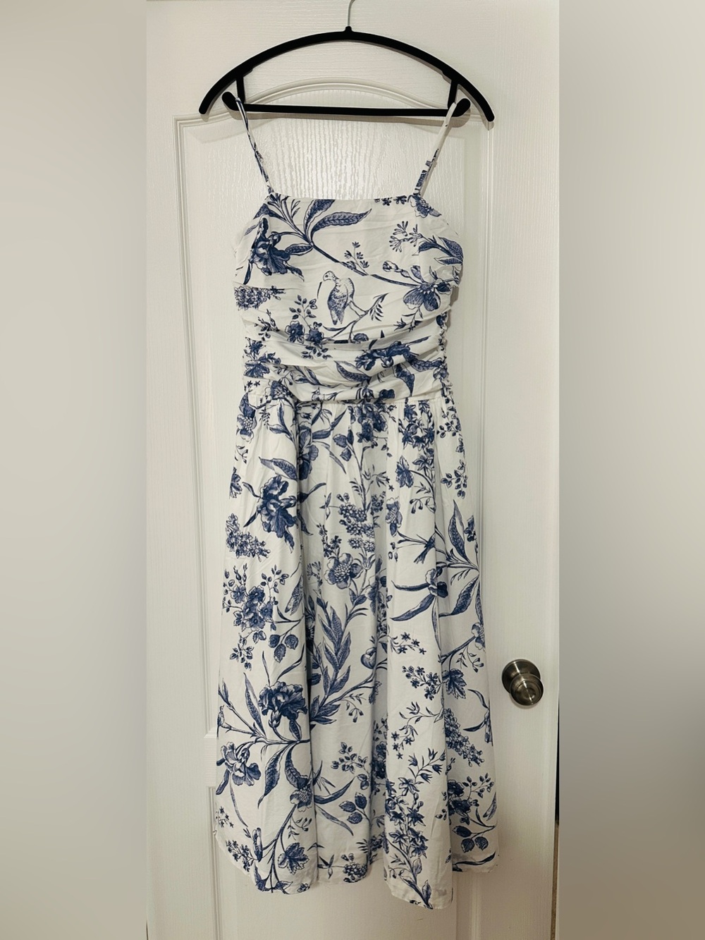 LOFT White Midi Dress with Blue Floral Print
